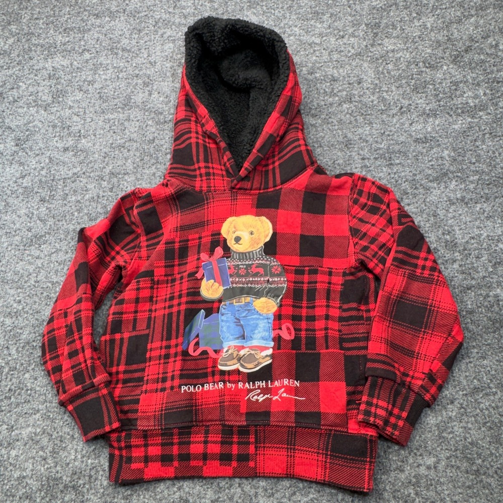Polo Ralph Lauren Hoodie Boys 4 Red Plaid Fleece Preppy Bear Sherpa Hood Holiday
